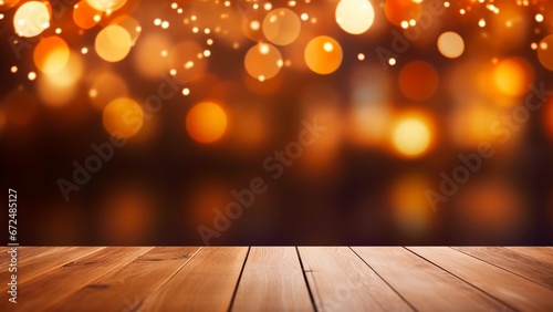 Empty wooden table with Christmas photo backdrop