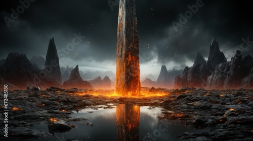 A towering enigmatic monolith stands alone the water