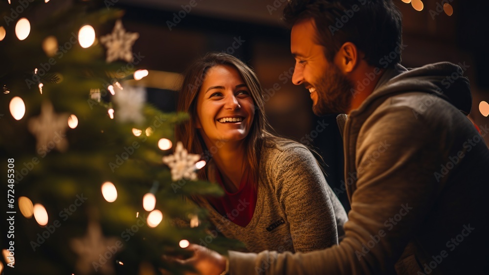Couple smiling by Christmas tree