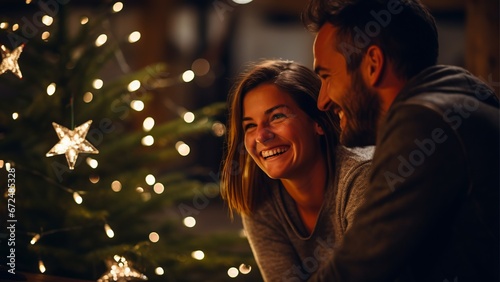 Couple sitting by Christmas tree