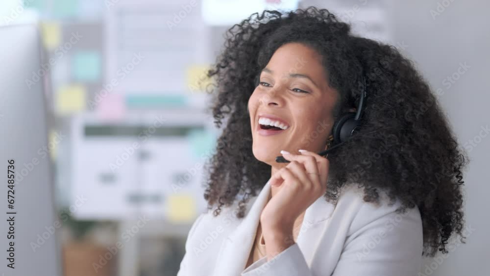 African American female sales or customer service agent working in a call centre, talking to a client with a headset. A business woman in a video meeting conference with her colleagues or boss.