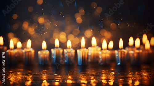 Wide banner with copy space area featuring an artistically captured close-up of brightly burning Hanukkah candles,