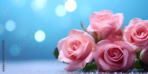 Bouquet Of Fresh Pink Roses On Blue Bokeh Background Bouquet Of Pink Roses  Bouquet of pink roses with a bud on a blue background with bokeh  mockup for greeting card Happy Valentine s Day