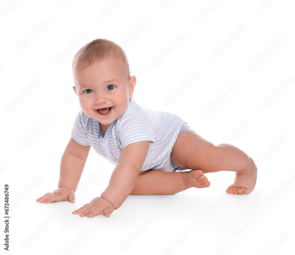 Cute little baby boy crawling on white background Cute little baby boy crawling on white background