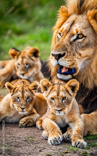 Witness the majestic beauty and strength of a lion family through these stunning, high-resolution images captured in the heart of the wild. photo