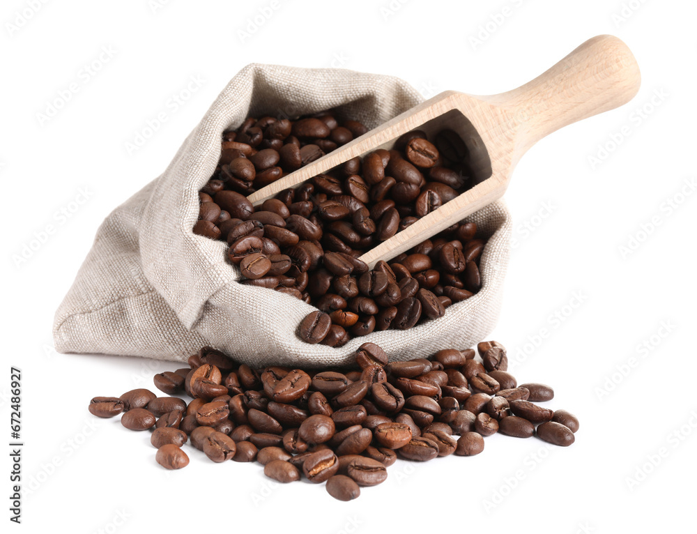 Fototapeta premium Bag and wooden scoop with roasted coffee beans isolated on white