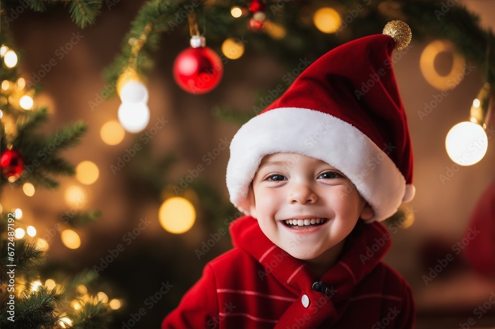 A happy child wearing a Santa hat, Christmas background and decorations, generative AI A happy child wearing a Santa hat, Christmas background and decorations, generative AI