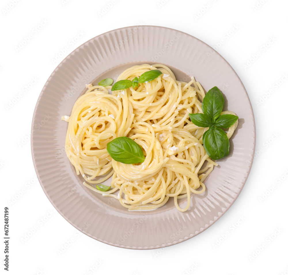 Delicious pasta with brie cheese and basil leaves on white background, top view