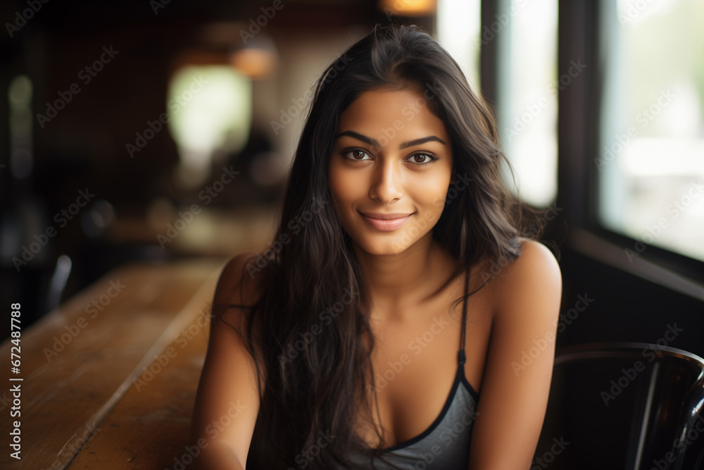 eautiful 25 year old indian woman sitting accross the table looking into the camera with a flirty smile