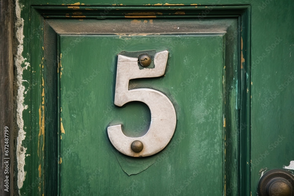 AI generated illustration of a wooden door with the number five affixed to its center AI generated illustration of a wooden door with the number five affixed to its center