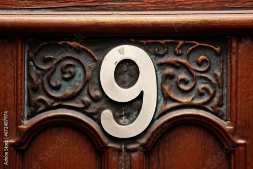 AI generated illustration of a wooden door with a number nine affixed to its center