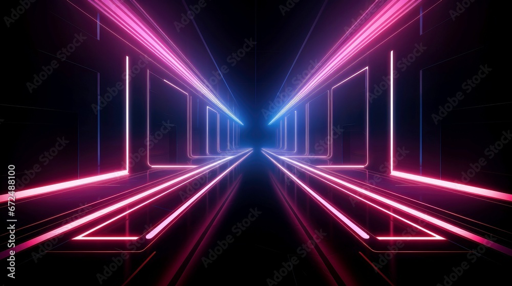 Abstract futuristic neon glowing lamps in dark corridor, Technology background Abstract futuristic neon glowing lamps in dark corridor, Technology background