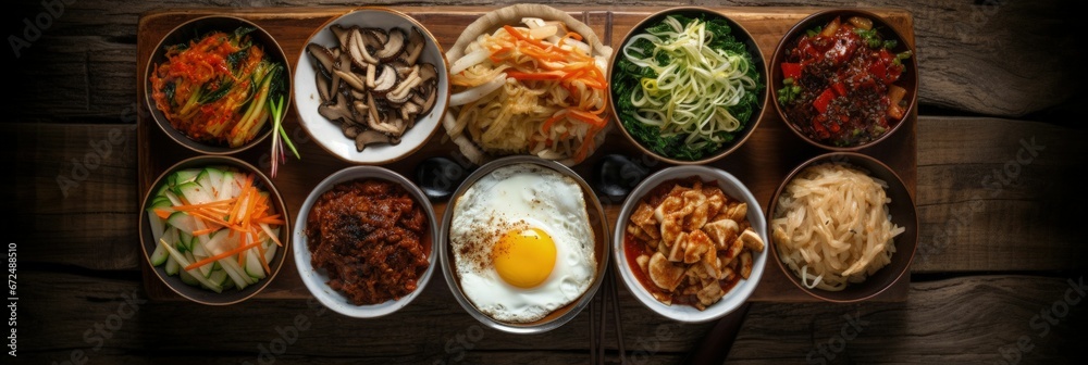 AI generated illustration of a variety of fresh, delicious Korean food including kimchi and bibimbap