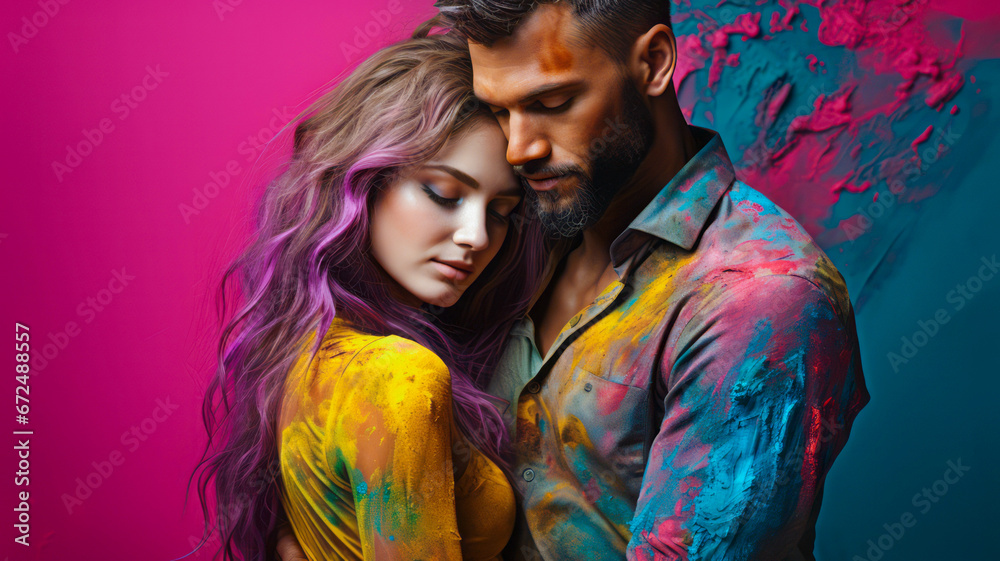 A young girl and a man embrace, covered in splashes of vivid paint, surrounded by a vibrant, colorful background. This portrait symbolizes the fusion of love and artistic expression.