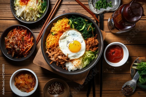 AI generated illustration of a variety of fresh, delicious Korean food including kimchi and bibimbap photo