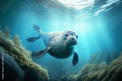 AI generated illustration of a gray seal swimming gracefully in an underwater environment photo