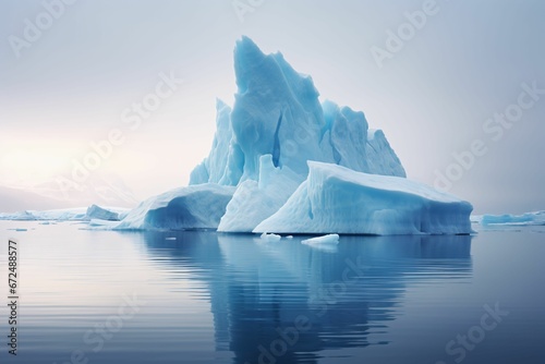 AI generated illustration of a large iceberg drifting in a tranquil sea, illuminated by the sun