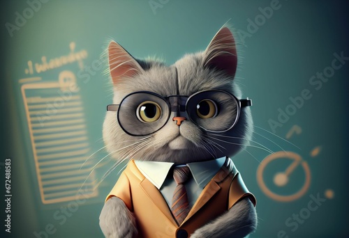AI generated illustration of a cat wearing a formal suit and tie, with a pair of glasses