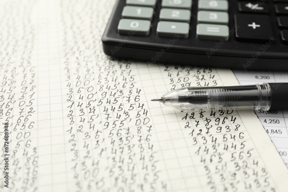 Calculator and pen on documents with data, closeup Calculator and pen on documents with data, closeup