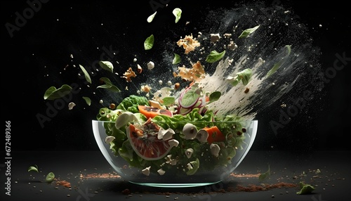 a glass bowl with a salad in it flying through the air