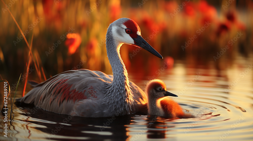 Fototapeta premium Two sandhill cranes and their babies