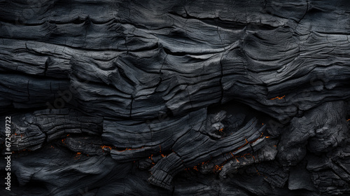 Burnt wood texture background, black charcoal close-up. Abstract charred timber, pattern of dark scorched tree. Concept of smoke, coal, grill, embers, barbecue, fire, firewood