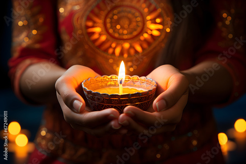 Diwali is a Hindu festival of lights where women hold and light diya oil lamps,