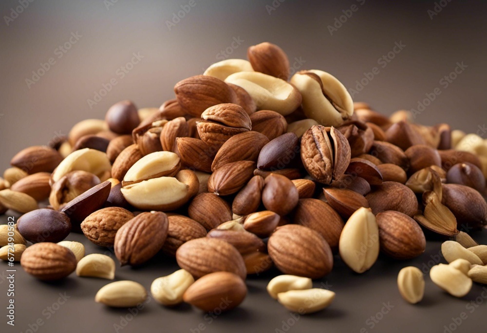 AI generated illustration of an array of mixed nuts spread out on a gray background AI generated illustration of an array of mixed nuts spread out on a gray background