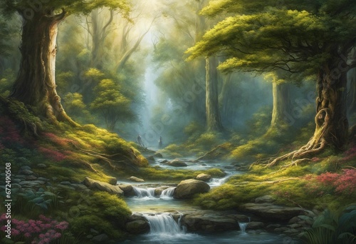 AI generated illustration of a lush forest with a creek in a vibrant painting style