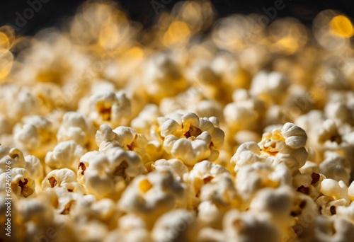 AI generated illustration of freshly popped popcorn illuminated by a bright yellow light