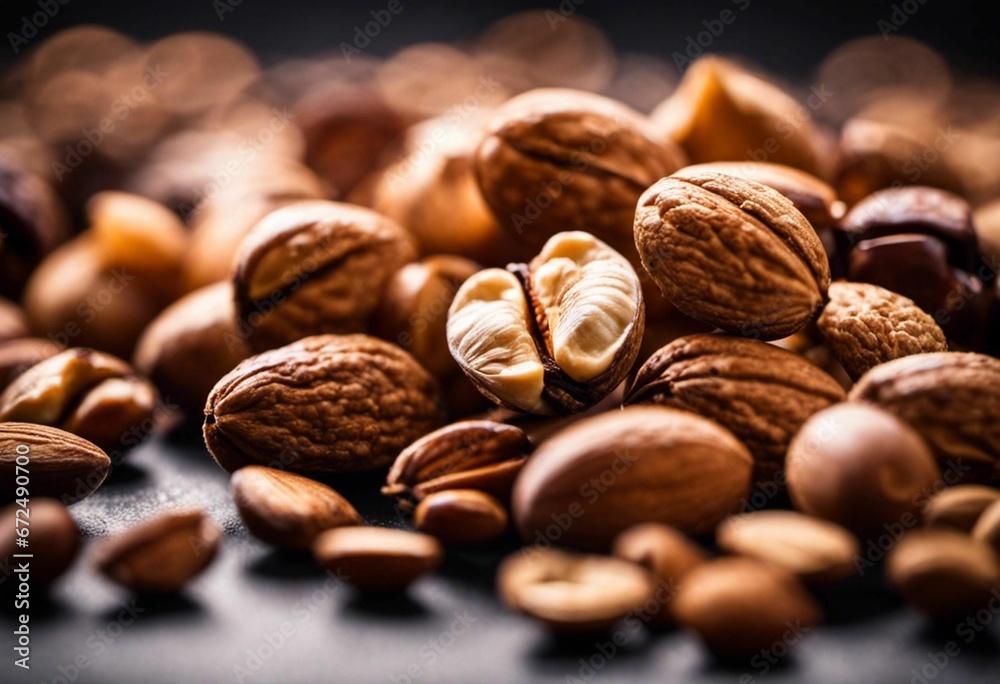 Closeup of assorted nuts in a pile on a dark background, AI-generated. Closeup of assorted nuts in a pile on a dark background, AI-generated.