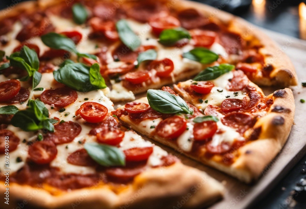 AI generated illustration of a pizza topped with juicy, ripe tomatoes on a wooden table AI generated illustration of a pizza topped with juicy, ripe tomatoes on a wooden table