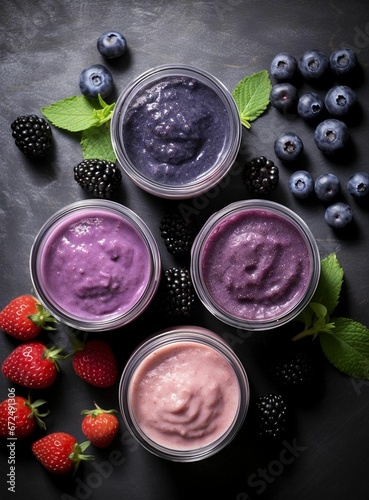AI generated illustration of jars of yogurt with blueberries, strawberries and blackberries