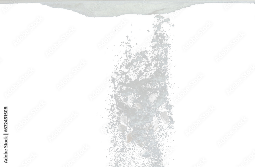 Obraz premium Rock stone construction object under snow on roof. Dangerous rock stone object hidden in snow. Snow fall with risk accident hazard cover trash garbage debris. Black background isolated