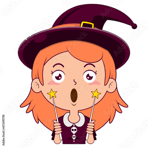 witch holding magic wand surprised face cartoon cute