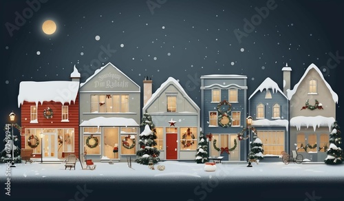 several small town buildings with christmas decorations on each and snow on the ground