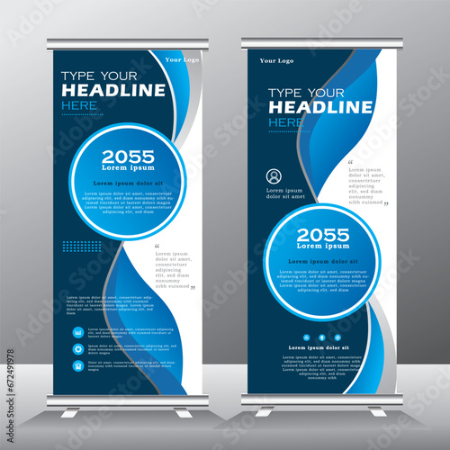 Roll-up banner template, advertising banner template, stand for presentations, exhibitions, promotional products, conferences, seminars, photo placement, text, stylish geometric blue background