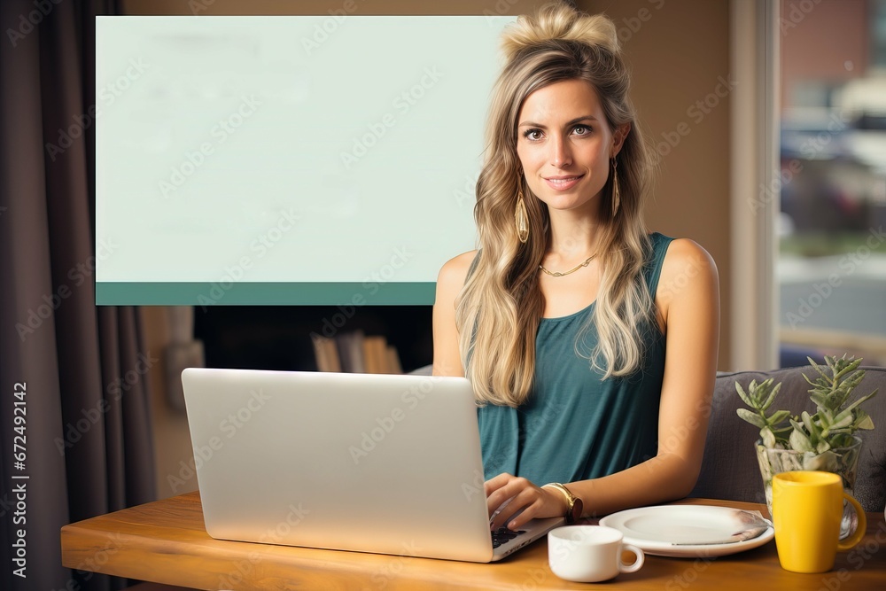 Fototapeta premium A work-from-home mom lecturing other about the current trends. The trends are visible on the slides Make this a real photo