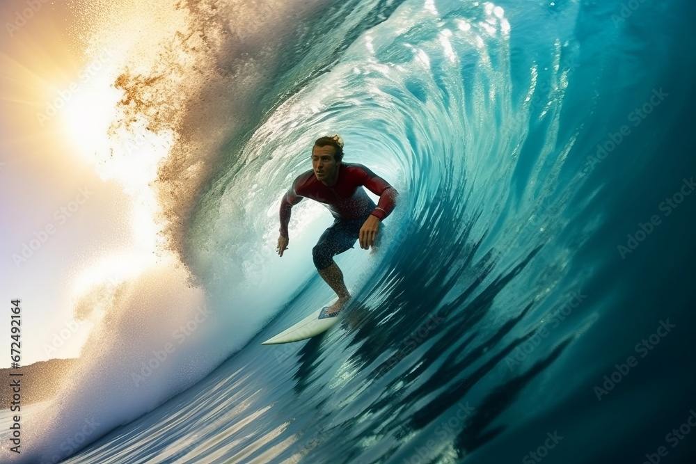 Surfer on big ocean wave at sunset. Surfer on blue ocean wave