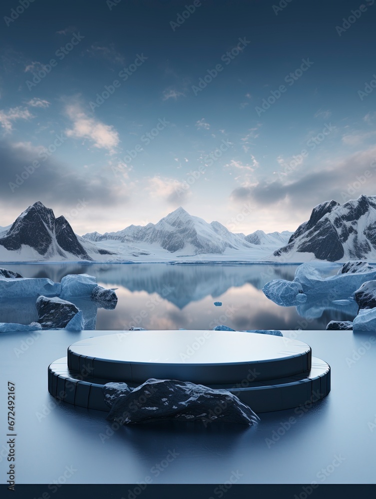 mockup of a podium that stands on a iceberg for a product presentation, on background cold snow-capped mountains and ice, generative ai - obrazy, fototapety, plakaty 