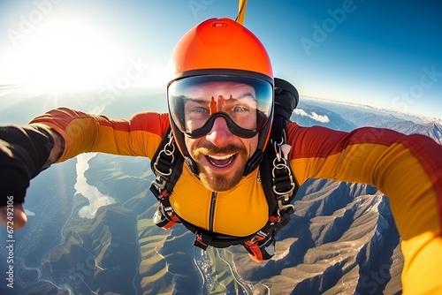 Extreme sport. Skydiver in orange suit making selfie on top of the mountain.