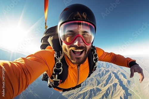 Extreme sport. Men in skydiving suit and goggles. Extreme sport.