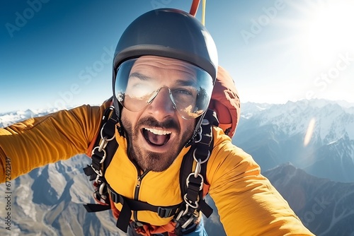 Extreme sport. Cheerful young man in helmet and goggles taking selfie while standing on top of the mountain