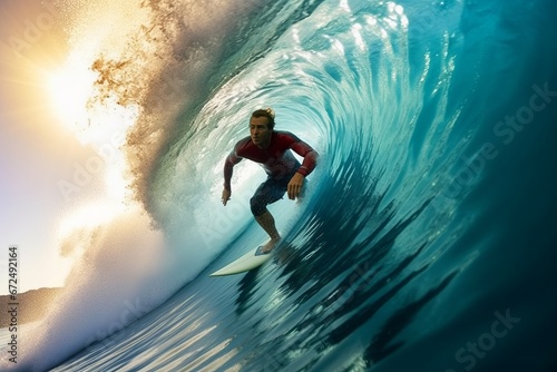 Surfer on big ocean wave at sunset. Surfer on blue ocean wave © Ibone