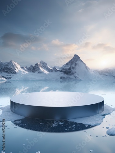 mockup of a podium that stands on a iceberg for a product presentation, on background cold snow-capped mountains and ice, generative ai