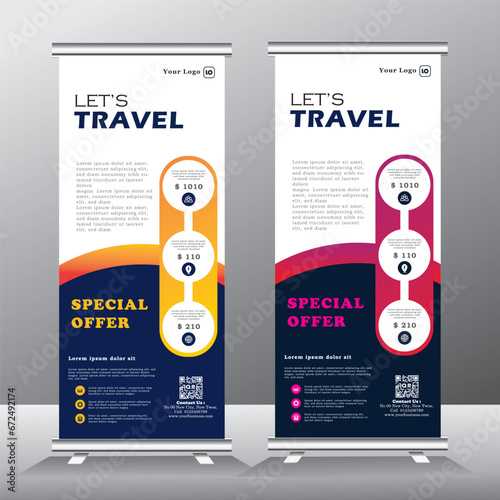 Travel Business agency Roll Up Template. Truism Standee Design Banner. Corporate digital roll up,Vector x Banner, Holiday x-stand Banner. Company Tours Vacation exhibition display template. photo