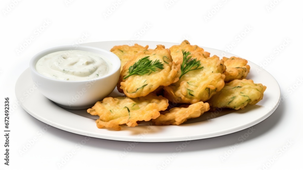 a platter of veggie fritters with dipping sauce on the side.isloated on white