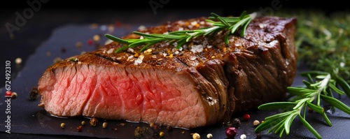 AI generated illustration of a juicy, freshly cut rare steak with a sprig of rosemary on top