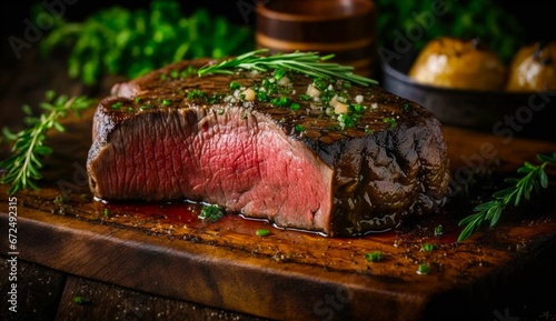 AI generated illustration of a freshly cut medium-rare beef steak on a chopping board