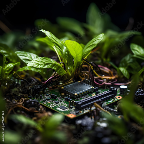 Computer chip surrounded by green plants. Eco friendly computing. 
